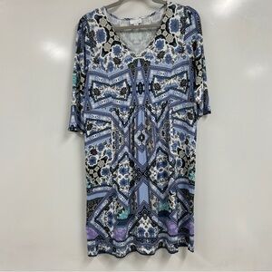 0193  J.Jill Floral Mosaic cottage core patchwork Jersey Knit Dress Floral dress